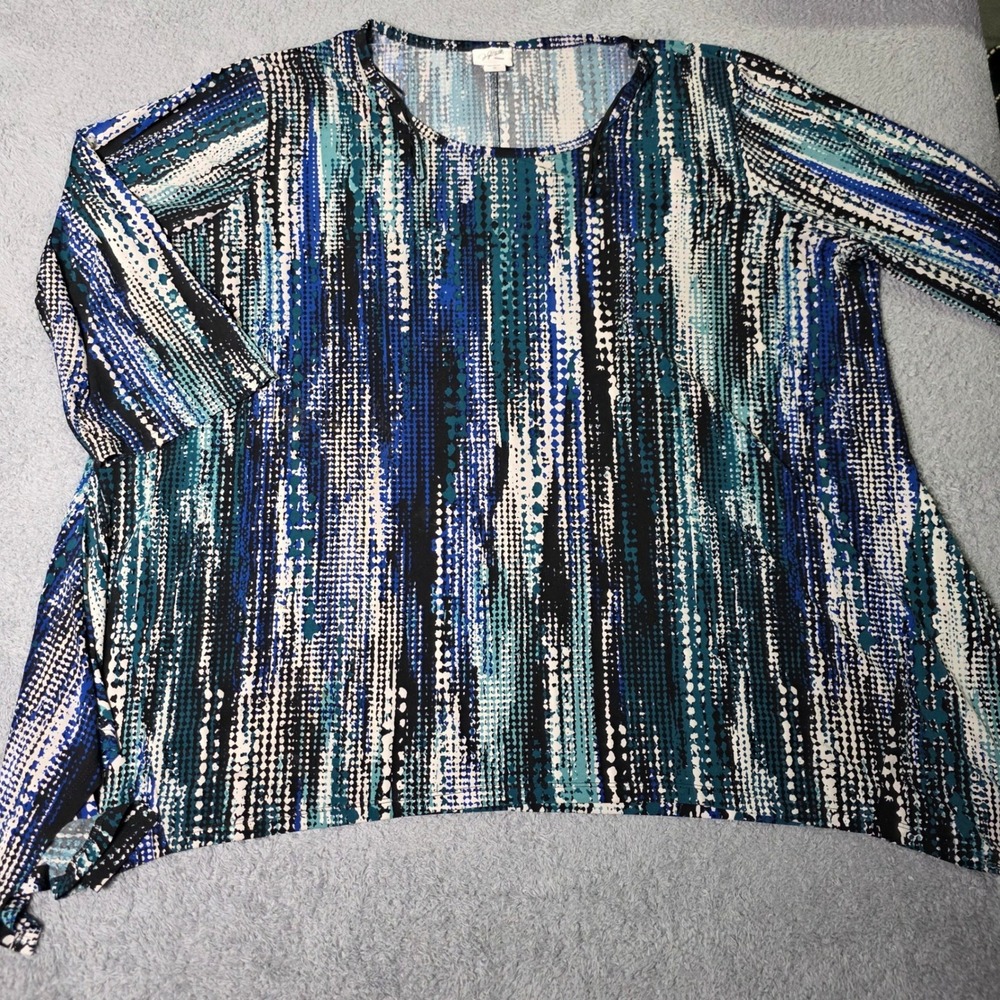 Jaclyn Smith Woman 3X Tunic Top Blue Teal Abstract Sharkbite Hem 3/4 Sleeve